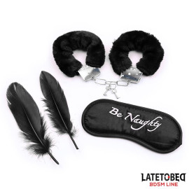 LateToBed BDSM Line 3 Pieces Set Mask, Handcuffs and Feathers Black