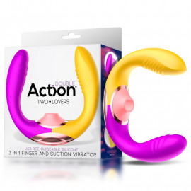 Action Two Lovers Couples Vibe 3in1 with Finger and Suction Yellow-Purple